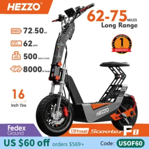 F8 Electric Scooter 16 Inch Foldable 72v 8000W 62.5MPH 50Ah Long Range Off Road Escooter Motorbike With Seat US Warehouse