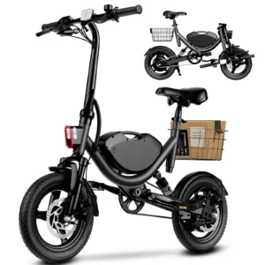 715W peak folding electric bicycle， basket, 22MPH 35 mile 14 inch tires dual suspension, 30 ° uphill, adult commuting electric b