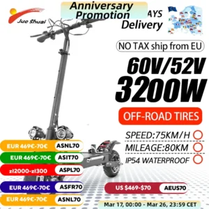 75KM/H Electric kick scooter 60V 48V 1300-3200W 10 inch Fat Tire Foldable Waterproof Electric Scooters Adults EU Warehouse